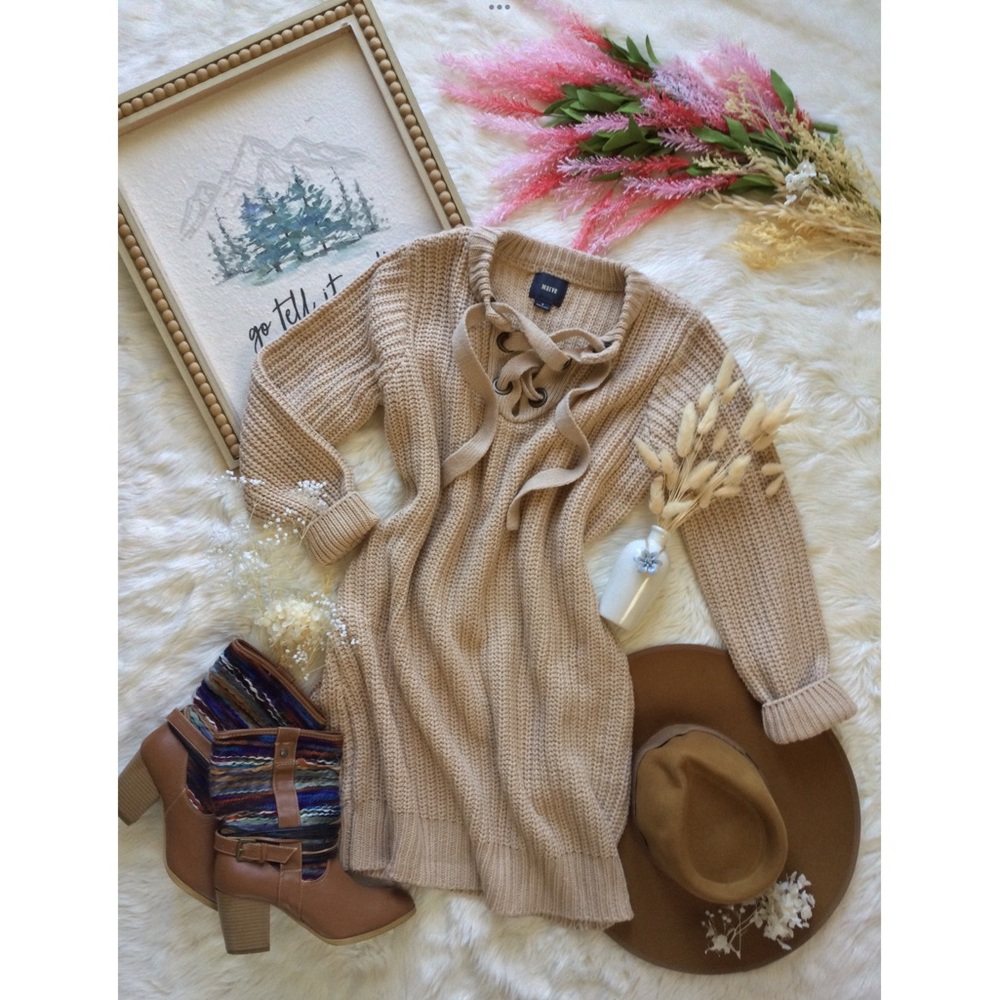 Anthropologie Maeve Lace Up Chunky Knit Sweater Dress Buff Tan Sz M Western